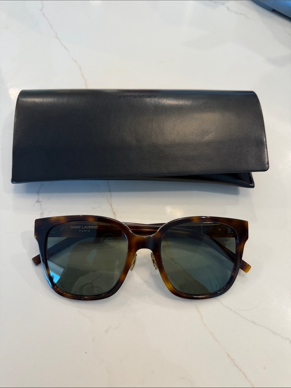 Saint Laurent Tortoiseshell Sunglasses with Green Lenses and Black Case